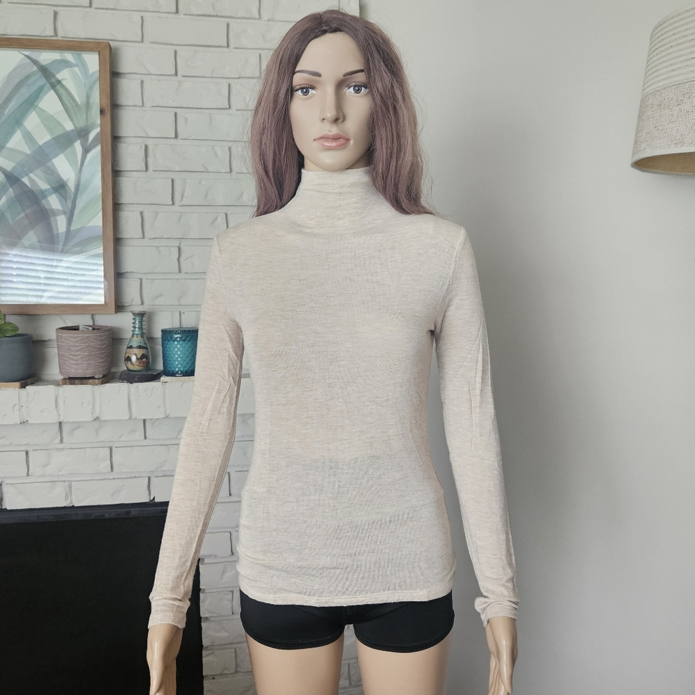 Mango Beige Turtleneck Long Sleeve Top Semi Sheer